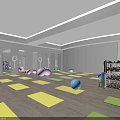 Modern Gym Interior With Fitness Equipment Hexagon Pendant Lights Black Floors Yellow Markings