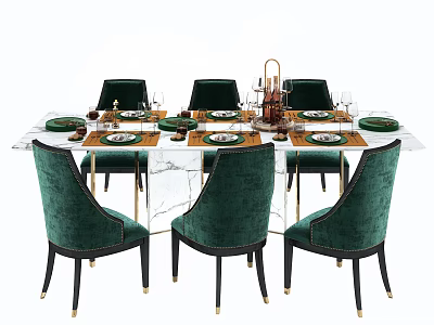 Elegant Dining Table Set with Green Velvet Chairs Gold Legs White Marble Tabletop and Tableware 3d model
