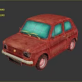 Red Vintage Small Car With Rusty Body And Blue Windows On Shiny Surface