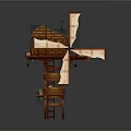Windmill Shaped Wooden Structure With Blue Roof Multi Level Design And Staircase Platforms