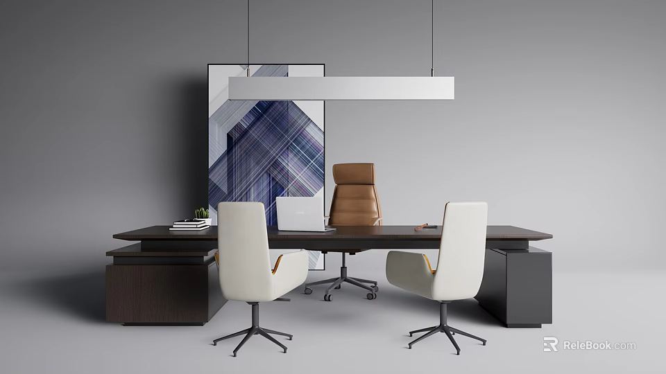 Modern Office Desk With White Chairs Brown Chair Books Pendant Light Artwork And Black Cabinets 3d model 