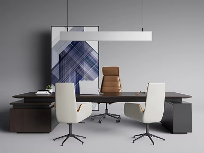 Modern Office Desk With White Chairs Brown Chair Books Pendant Light Artwork And Black Cabinets 3d model