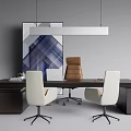 Modern Office Desk With White Chairs Brown Chair Books Pendant Light Artwork And Black Cabinets