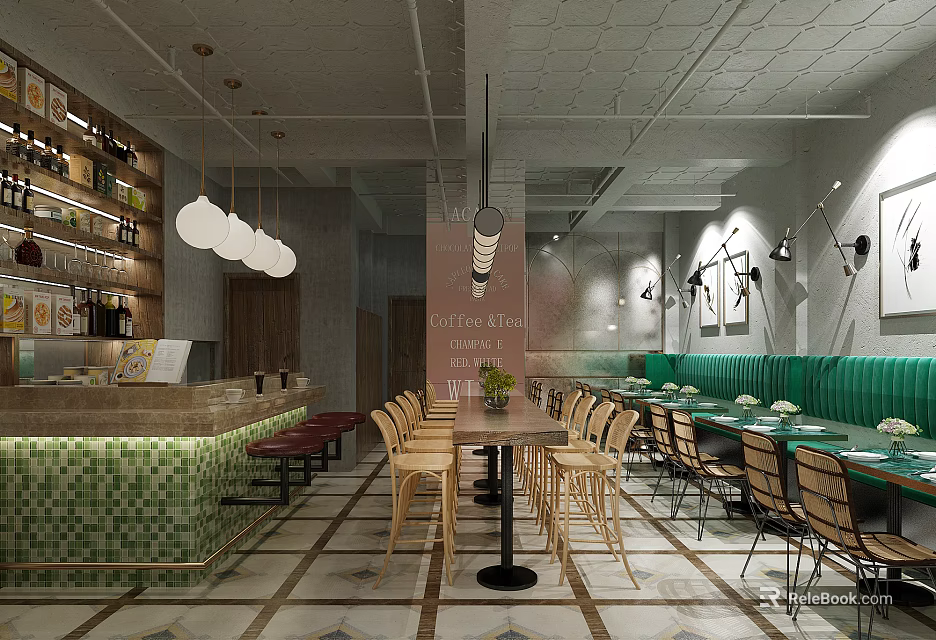 Modern Restaurant Interior With Green Banquettes Wooden Chairs Bar Counter And Pendant Lights 3d model 
