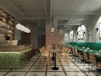 Modern Restaurant Interior With Green Banquettes Wooden Chairs Bar Counter And Pendant Lights 3d model