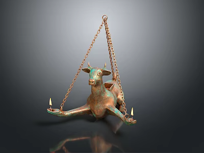 Vintage Cow Shaped Lighting Combination With Hanging Chain And Candle Lights Copper Finish Design 3d model