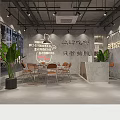 Industrial Style Restaurant Interior With Glass Display Cases Ceiling Lights Tables Chairs And Street View