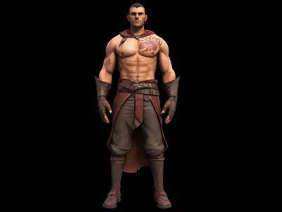Muscular Shirtless Game Movie Character With Chest Tattoo Leather Bracers And Boots 3d model