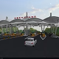 Toll Station With White Membrane Canopy And Vehicles Passing Through Traffic Lanes