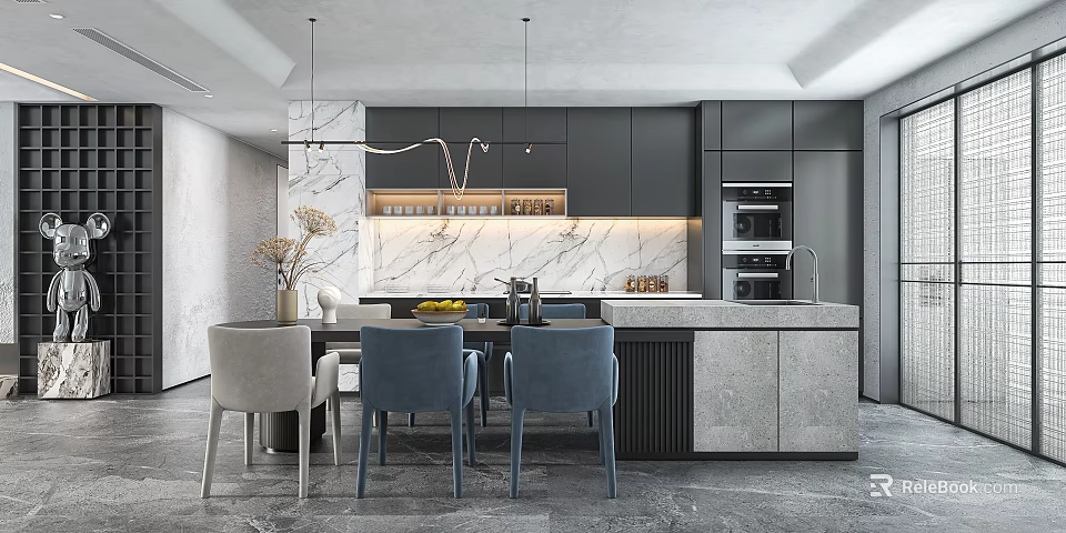 Modern Restaurant Interior With Dark Gray Cabinets Marble Backsplash Island And Dining Table 3d model