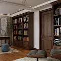 Study Room Interior With Wooden Bookshelves Desk Blue Stools Leather Chair And Arch Windows