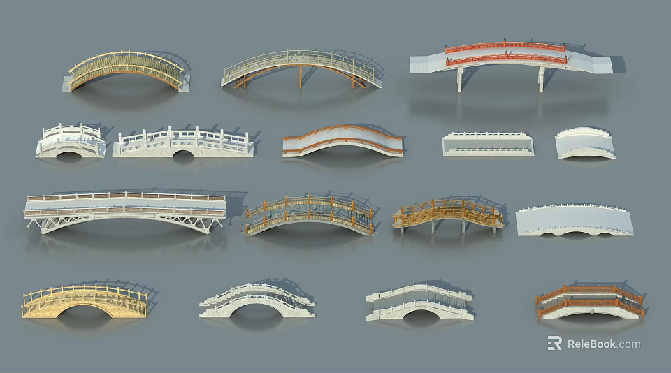 Various Landscape Bridge Designs With Arched And Curved Structures In Different Styles 3d model 