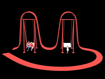 Red Wavy Design Playground Swing Equipment For Children Playing With Adult Supervisor 3d model