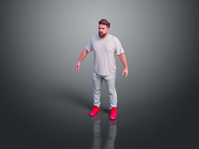 Man Wearing White T Shirt Light Blue Jeans and Red Shoes on Gray Reflective Floor 3d model