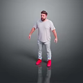 Man Wearing White T Shirt Light Blue Jeans and Red Shoes on Gray Reflective Floor
