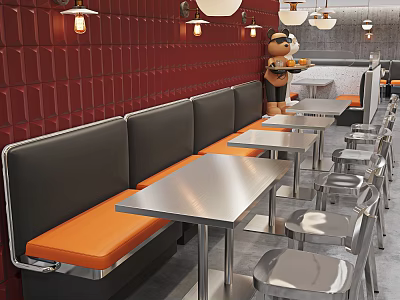 Modern Restaurant Interior With Red Brick Walls Black Orange Booth Seats And Metal Tables Chairs 3d model