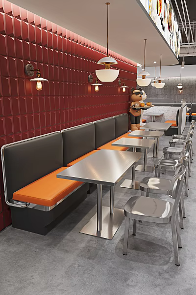 Modern Restaurant Interior With Red Brick Walls Black Orange Booth Seats And Metal Tables Chairs 3d model