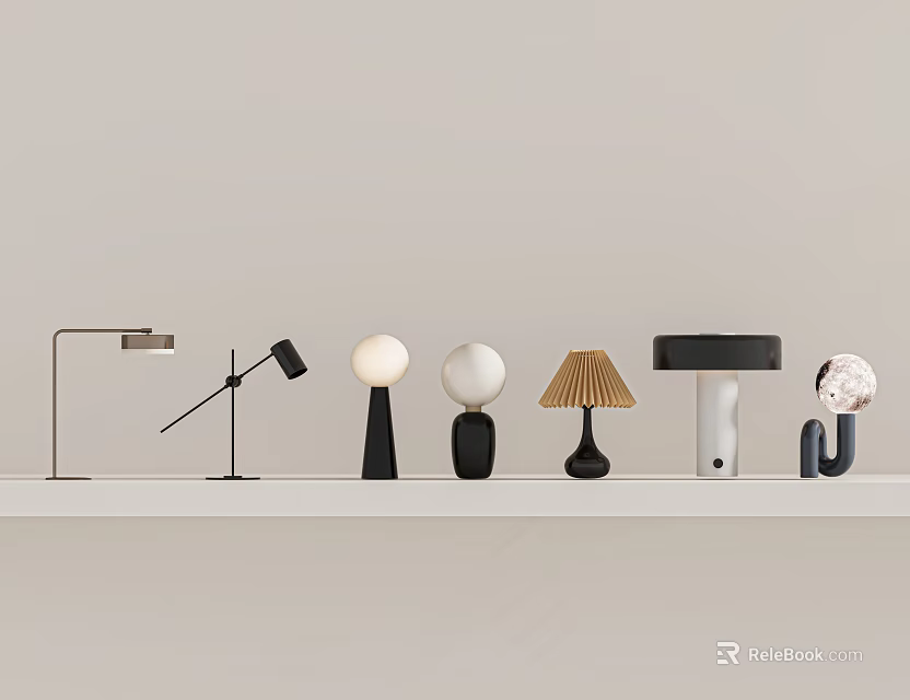 Various Modern Table Lamps With Different Designs Arranged On White Shelf 3d model