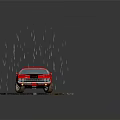 Shiny Red Classic Muscle Car With Black Stripe On Wet Muddy Platform In Rain