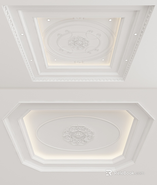 Ornate White Ceiling Design With Carved Patterns Layered Structure And Recessed Lighting 3d model 