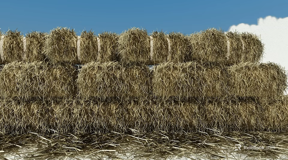 Stacked Hay Bales In Rural Agricultural Field Under Blue Sky With Clouds 3d model 