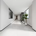 Elevator Corridor In Modern Style With Light Tiles Dark Cabinets And Plants 3d model