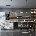 Modern Kitchen Interior With Marble Island Counter Cabinets And Elegant Lighting Design