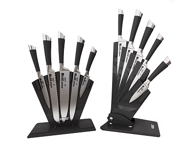 Kitchen Knife Set With Black Stands Stainless Steel Blades And Black Handles 3d model