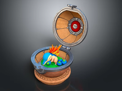 Blue Game Movie Character In Open Metal Container With Flaming Accents And Green Elements 3d model