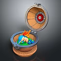 Blue Game Movie Character In Open Metal Container With Flaming Accents And Green Elements