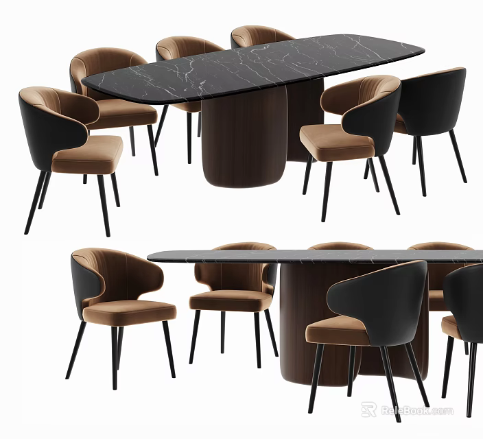 Modern Dining Table Set With Black Marble Top Wooden Legs And Black Beige Upholstered Chairs 3d model 