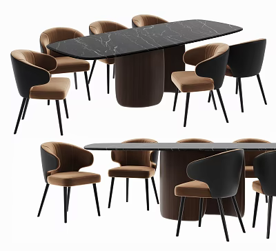 Modern Dining Table Set With Black Marble Top Wooden Legs And Black Beige Upholstered Chairs 3d model