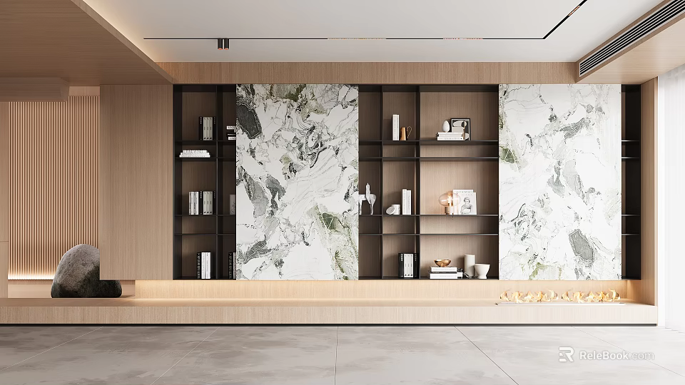 Modern Bookcase Interior Design With Black Frame Marble Wall And Decorative Items 3d model