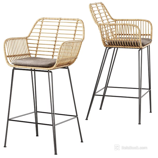 Rattan Bar Stools With Black Metal Legs Gray Padded Seat Backrest And Armrests 3d model 