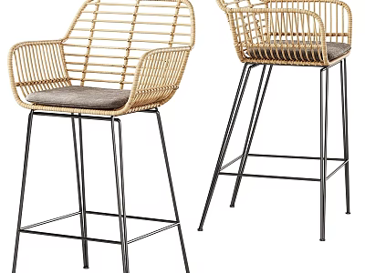 Rattan Bar Stools With Black Metal Legs Gray Padded Seat Backrest And Armrests 3d model