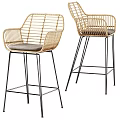 Rattan Bar Stools With Black Metal Legs Gray Padded Seat Backrest And Armrests