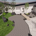 Modern Courtyard Garden Design With Stone Pathway Green Lawn And Decorative Rocks