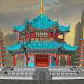 Ancient Chinese Multi Story Pavilion With Blue Roof Red Pillars And Golden Decorations