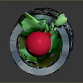 Small Green Plant With Red Top In Black Pot Featuring White Circular Patterns
