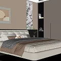 Modern Bedroom With White Upholstered Double Bed Gray And Beige Bedding 3d model