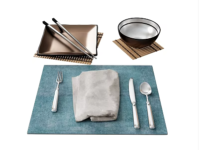 Elegant Tableware Set With Chopsticks Square Plate Bowl Bamboo And Blue Placemats Utensils And Napkin 3d model