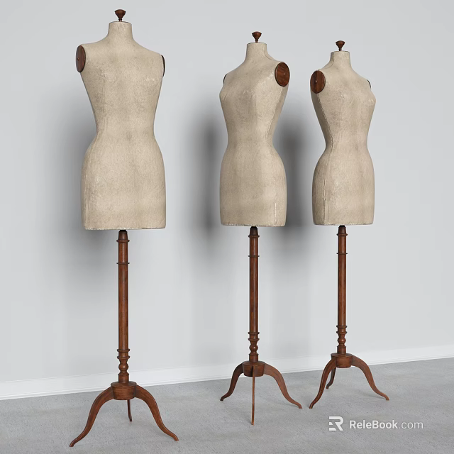 Three Beige Mannequins With Wooden Stands Against White Wall In Studio 3d model 