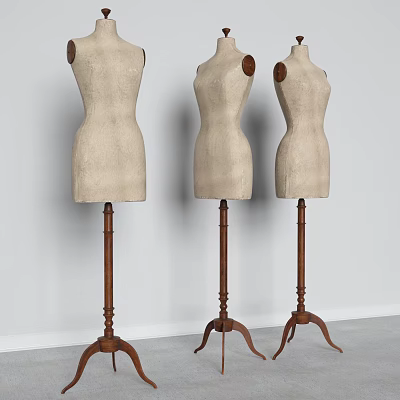 Three Beige Mannequins With Wooden Stands Against White Wall In Studio 3d model