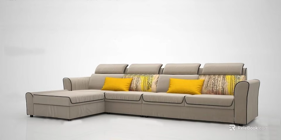 Modern Light Gray Sectional Sofa With Yellow And Striped Decorative Throw Pillows 3d model