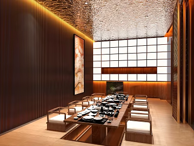 Elegant Modern Restaurant Interior Featuring Long Wooden Table Floor To Ceiling Windows And Lighting Design 3d model