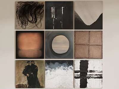 Collection of Nine Art Paintings in Grid with Abstract and Figurative Styles 3d model