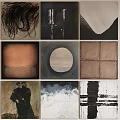 Collection of Nine Art Paintings in Grid with Abstract and Figurative Styles
