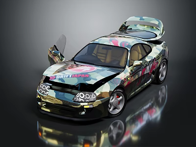 Camouflage Wrapped Sports Car with Open Doors Drift Logo and Stylish Alloy Wheels 3d model