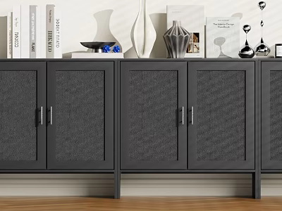 Gray Storage Cabinets With Metal Handles On Wooden Floor And Decorative Items 3d model