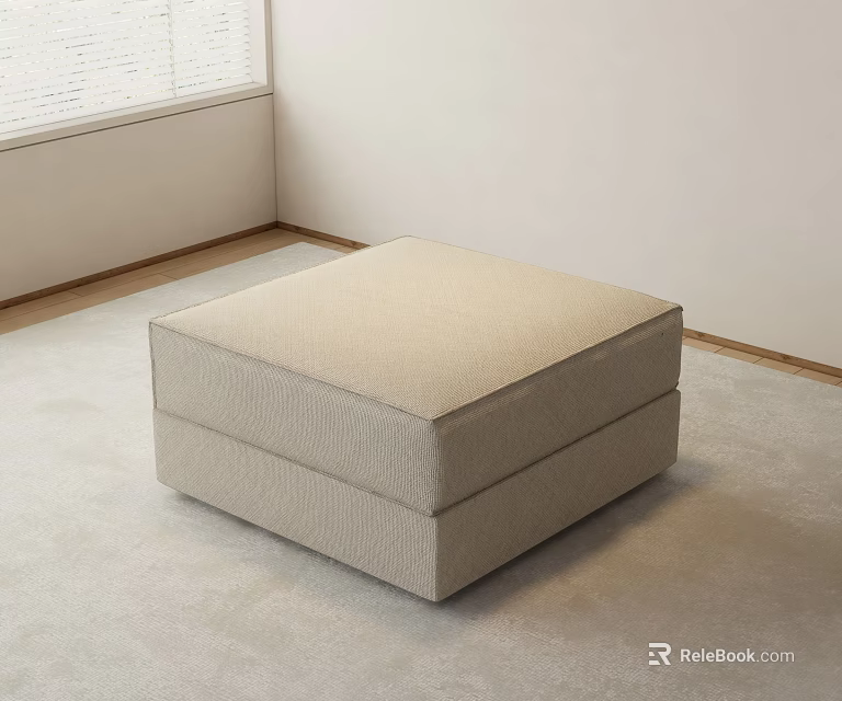 Beige Square Upholstered Stool In Minimalist Indoor Space With Carpet And Window 3d model 